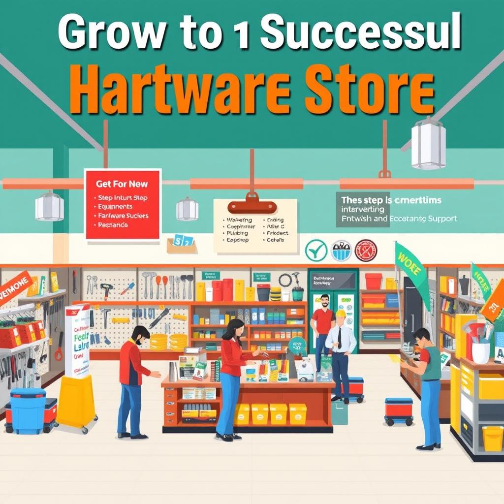 A comprehensive guide to growing a successful hardware store, featuring a visually appealing layout with tools, equipment, and hardware supplies displayed strategically