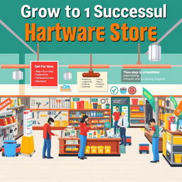 A comprehensive guide to growing a successful hardware store, featuring a visually appealing layout with tools, equipment, and hardware supplies displayed strategically