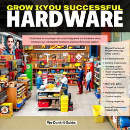 A comprehensive guide to growing a successful hardware store, featuring a visually appealing layout with tools, equipment, and hardware supplies displayed strategically