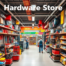 A comprehensive guide to growing a successful hardware store, featuring a visually appealing layout with tools, equipment, and hardware supplies displayed strategically