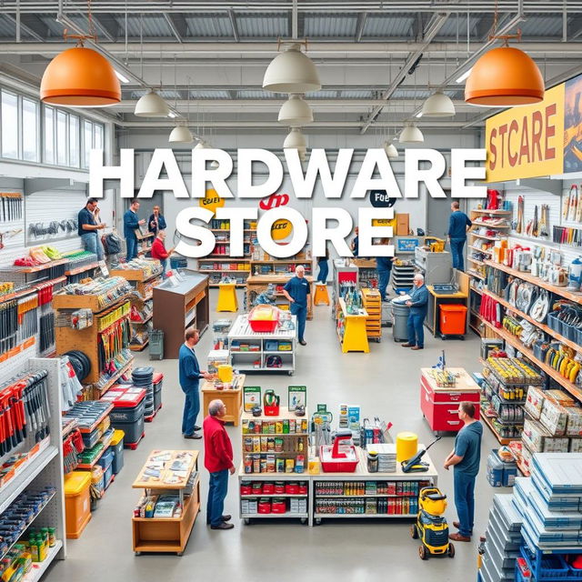 A comprehensive guide to growing a successful hardware store, featuring a visually appealing layout with tools, equipment, and hardware supplies displayed strategically