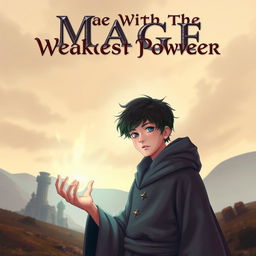 A captivating book cover for 'Mage With The Weakest Power', featuring a teenage boy with a slight build portraying a mage