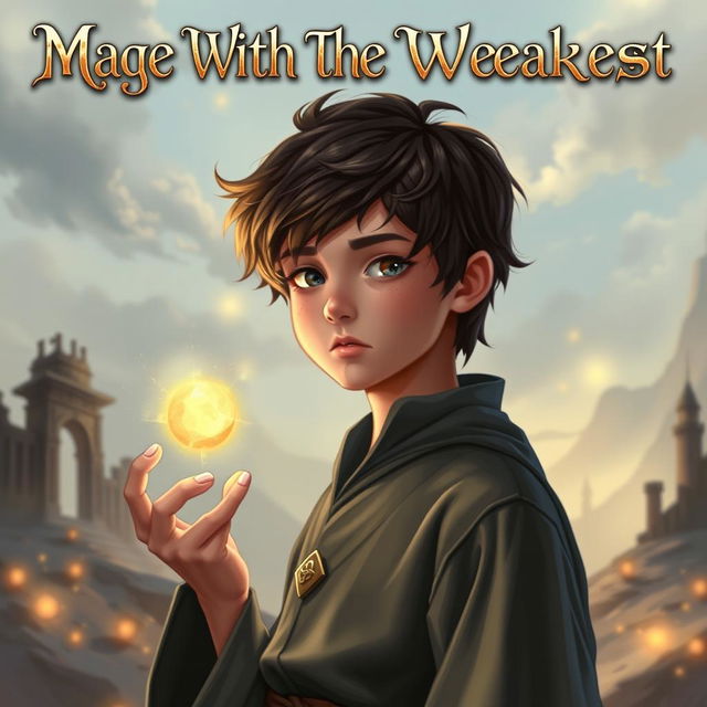 A captivating book cover for 'Mage With The Weakest Power', featuring a teenage boy with a slight build portraying a mage