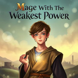 A captivating book cover for 'Mage With The Weakest Power', featuring a teenage boy with a slight build portraying a mage