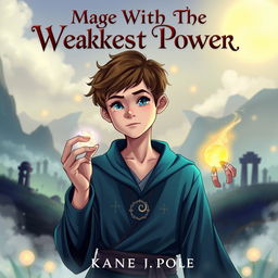 A captivating book cover for 'Mage With The Weakest Power', featuring a teenage boy with a slight build portraying a mage