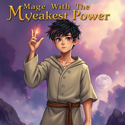 A visually engaging book cover for 'Mage With The Weakest Power', featuring a teenage boy with a slight build, embodying the role of a mage