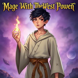 A visually engaging book cover for 'Mage With The Weakest Power', featuring a teenage boy with a slight build, embodying the role of a mage