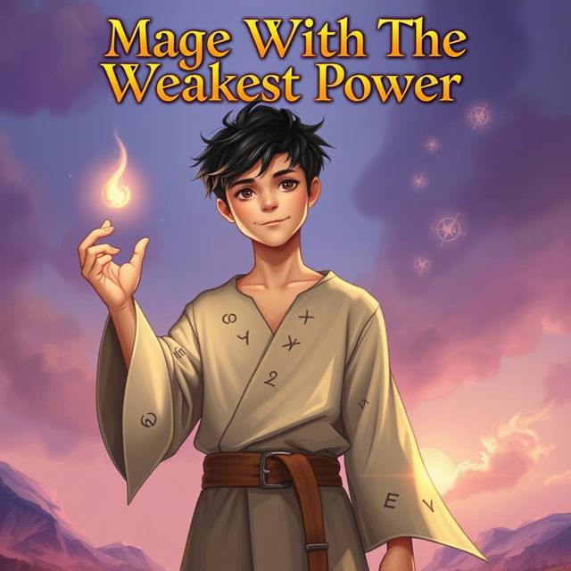 A visually engaging book cover for 'Mage With The Weakest Power', featuring a teenage boy with a slight build, embodying the role of a mage