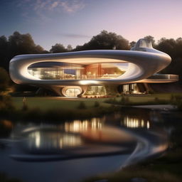 A stunning futuristic mansion nestled by a peaceful, gently flowing river.