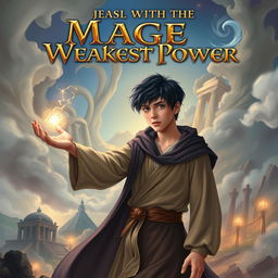 An enchanting book cover for 'Mage With The Weakest Power', featuring a 17+ year old boy depicted as a mage