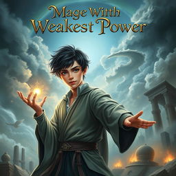 An enchanting book cover for 'Mage With The Weakest Power', featuring a 17+ year old boy depicted as a mage