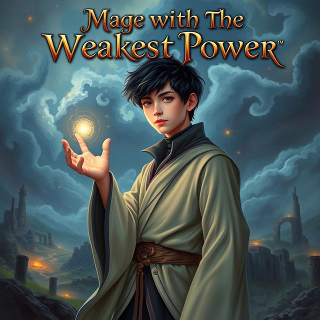 An enchanting book cover for 'Mage With The Weakest Power', featuring a 17+ year old boy depicted as a mage