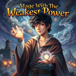 An enchanting book cover for 'Mage With The Weakest Power', featuring a 17+ year old boy depicted as a mage