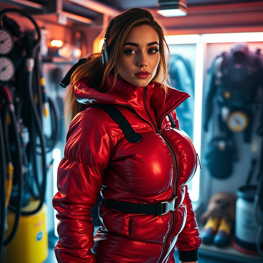 A stunning slim woman with an alluring figure, dressed in a shiny red puffy cold water immersion suit that highlights her large bosom