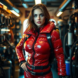 A stunning slim woman with an alluring figure, dressed in a shiny red puffy cold water immersion suit that highlights her large bosom