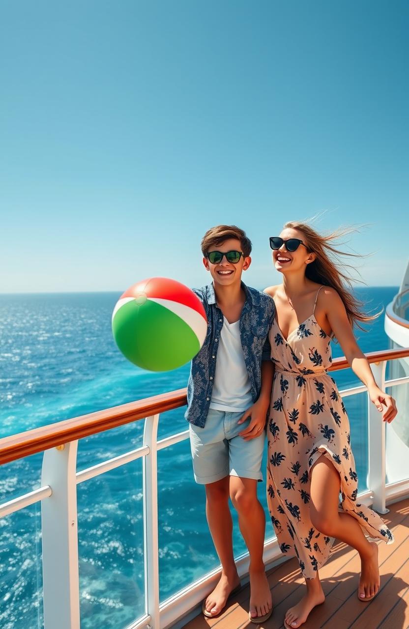 A vibrant scene depicting a joyful brother and sister on a luxurious cruise ship, surrounded by stunning ocean views