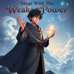 A captivating book cover for 'Mage With The Weakest Power', prominently featuring the title in bold, ornate fantasy lettering at the top