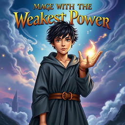 A visually striking book cover for 'Mage With The Weakest Power', featuring the title prominently displayed in bold, ornate fantasy lettering at the top
