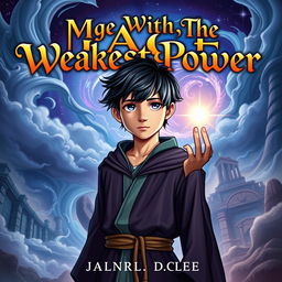 A visually striking book cover for 'Mage With The Weakest Power', featuring the title prominently displayed in bold, ornate fantasy lettering at the top
