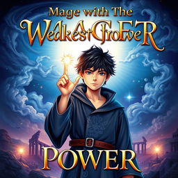 A visually striking book cover for 'Mage With The Weakest Power', featuring the title prominently displayed in bold, ornate fantasy lettering at the top
