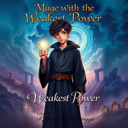 An engaging book cover design for 'Mage With The Weakest Power', featuring the title in bold, ornate fantasy lettering at the top