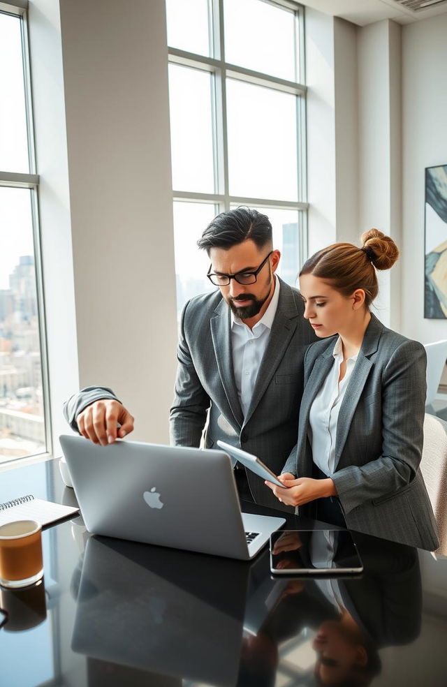 A business setting showcasing a director and his intern on a working trip, engaging in a discussion over a laptop in a modern office environment