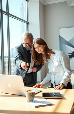A business setting showcasing a director and his intern on a working trip, engaging in a discussion over a laptop in a modern office environment