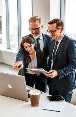 A business setting showcasing a director and his intern on a working trip, engaging in a discussion over a laptop in a modern office environment