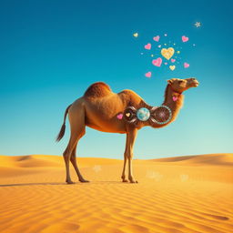 A surreal and abstract representation of a Bactrian camel in a desert landscape, symbolizing family bonds and unity