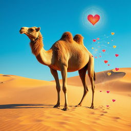 A surreal and abstract representation of a Bactrian camel in a desert landscape, symbolizing family bonds and unity