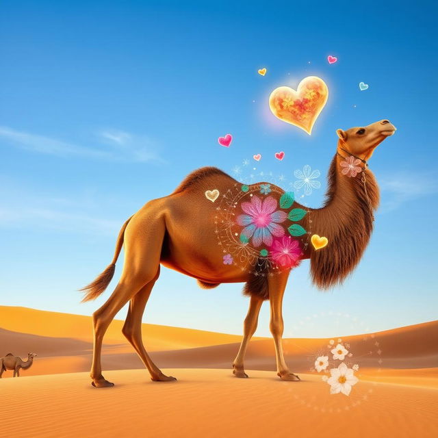 A surreal and abstract representation of a Bactrian camel in a desert landscape, symbolizing family bonds and unity