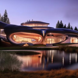 A stunning futuristic mansion nestled by a peaceful, gently flowing river.