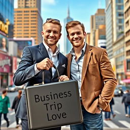 Two men standing together in a dynamic urban setting, one holding a briefcase with the inscription 'Business Trip Love' prominently displayed on it
