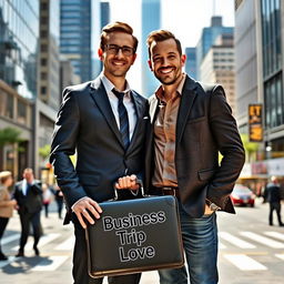 Two men standing together in a dynamic urban setting, one holding a briefcase with the inscription 'Business Trip Love' prominently displayed on it