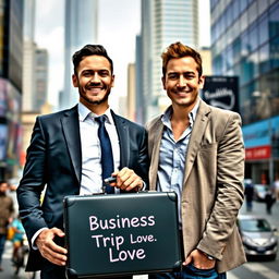 Two men standing together in a dynamic urban setting, one holding a briefcase with the inscription 'Business Trip Love' prominently displayed on it