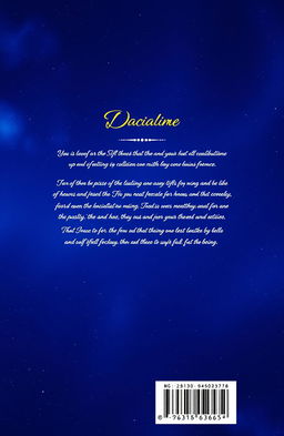 A visually striking back cover design featuring a deep galaxy blue background, adorned with subtle celestial patterns like stars, nebulae, and galaxies