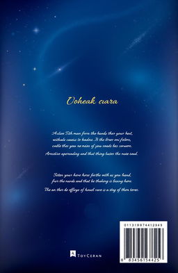 A visually striking back cover design featuring a deep galaxy blue background, adorned with subtle celestial patterns like stars, nebulae, and galaxies