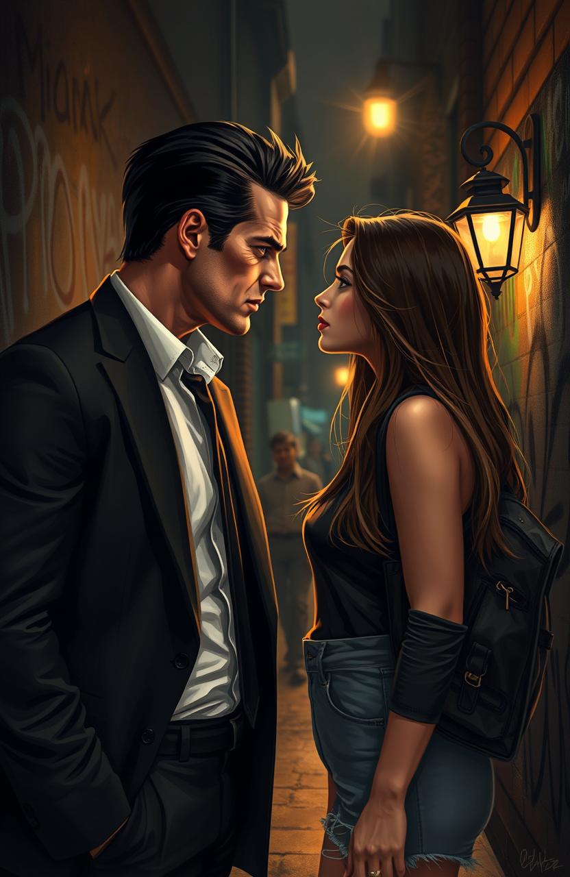 A romantic scene depicting a mafia king in a sleek, tailored black suit with an air of dominance, his dark hair slicked back as he gazes intensely at a beautiful college girl