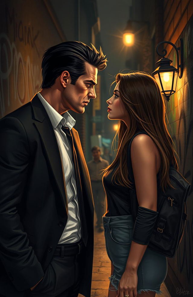 A romantic scene depicting a mafia king in a sleek, tailored black suit with an air of dominance, his dark hair slicked back as he gazes intensely at a beautiful college girl