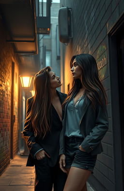 A romantic scene depicting a mafia king in a sleek, tailored black suit with an air of dominance, his dark hair slicked back as he gazes intensely at a beautiful college girl