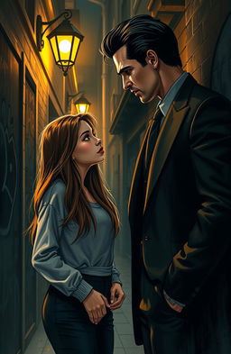 A romantic scene depicting a mafia king in a sleek, tailored black suit with an air of dominance, his dark hair slicked back as he gazes intensely at a beautiful college girl