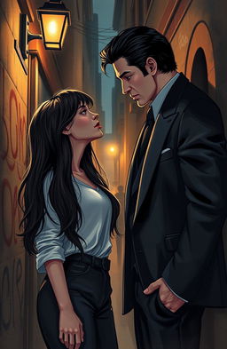 A romantic scene depicting a mafia king in a sleek, tailored black suit with an air of dominance, his dark hair slicked back as he gazes intensely at a beautiful college girl