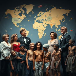 A dramatic scene depicting a group of wealthy individuals dressed in elegant European and American attire, laughing condescendingly at a group of impoverished people wearing torn clothes and displaying thin, frail bodies