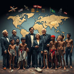 A dramatic scene depicting a group of wealthy individuals dressed in elegant European and American attire, laughing condescendingly at a group of impoverished people wearing torn clothes and displaying thin, frail bodies