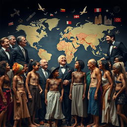 A dramatic scene depicting a group of wealthy individuals dressed in elegant European and American attire, laughing condescendingly at a group of impoverished people wearing torn clothes and displaying thin, frail bodies