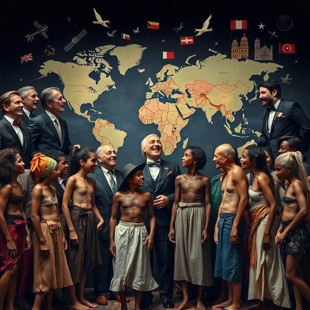 A dramatic scene depicting a group of wealthy individuals dressed in elegant European and American attire, laughing condescendingly at a group of impoverished people wearing torn clothes and displaying thin, frail bodies