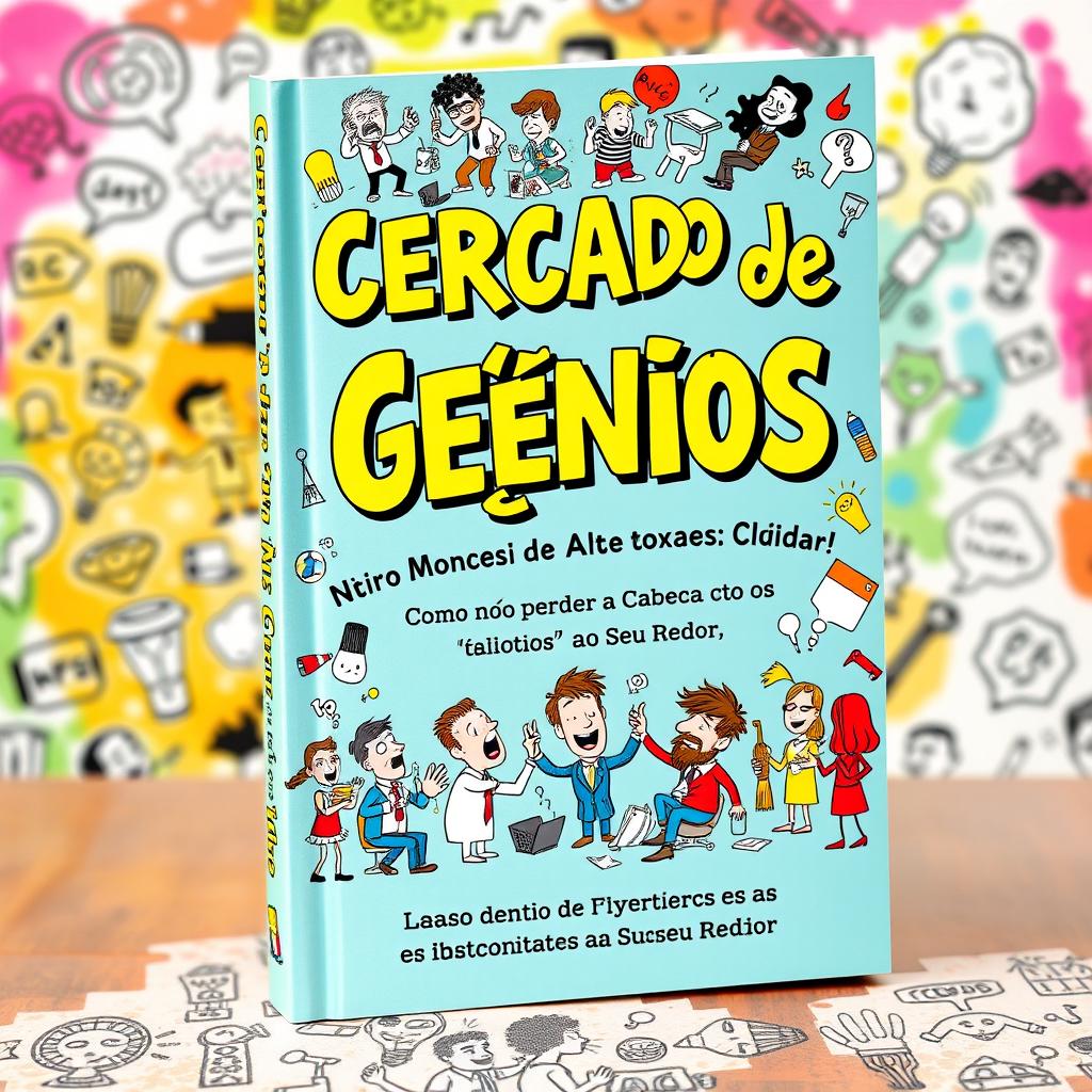 A visually engaging book cover design titled 'Cercado de Gênios: Como Não Perder a Cabeça com os 'Idiotas' ao Seu Redor'