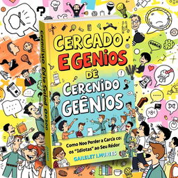 A visually engaging book cover design titled 'Cercado de Gênios: Como Não Perder a Cabeça com os 'Idiotas' ao Seu Redor'