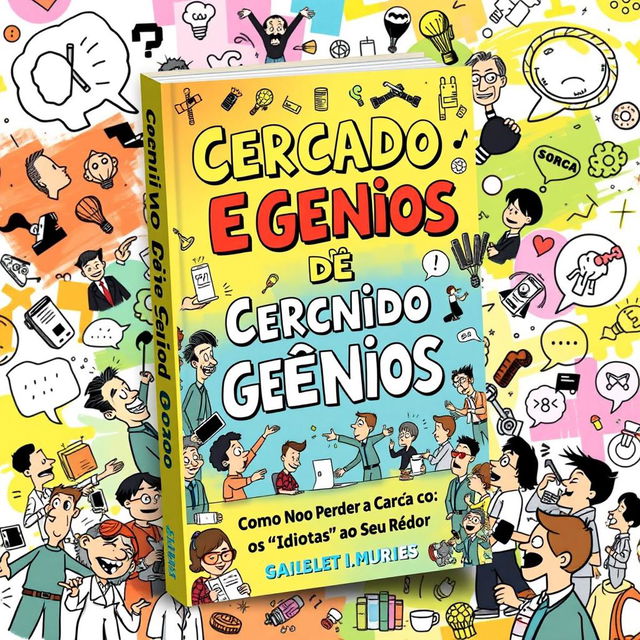 A visually engaging book cover design titled 'Cercado de Gênios: Como Não Perder a Cabeça com os 'Idiotas' ao Seu Redor'