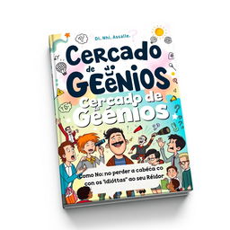 A visually engaging book cover design titled 'Cercado de Gênios: Como Não Perder a Cabeça com os 'Idiotas' ao Seu Redor'